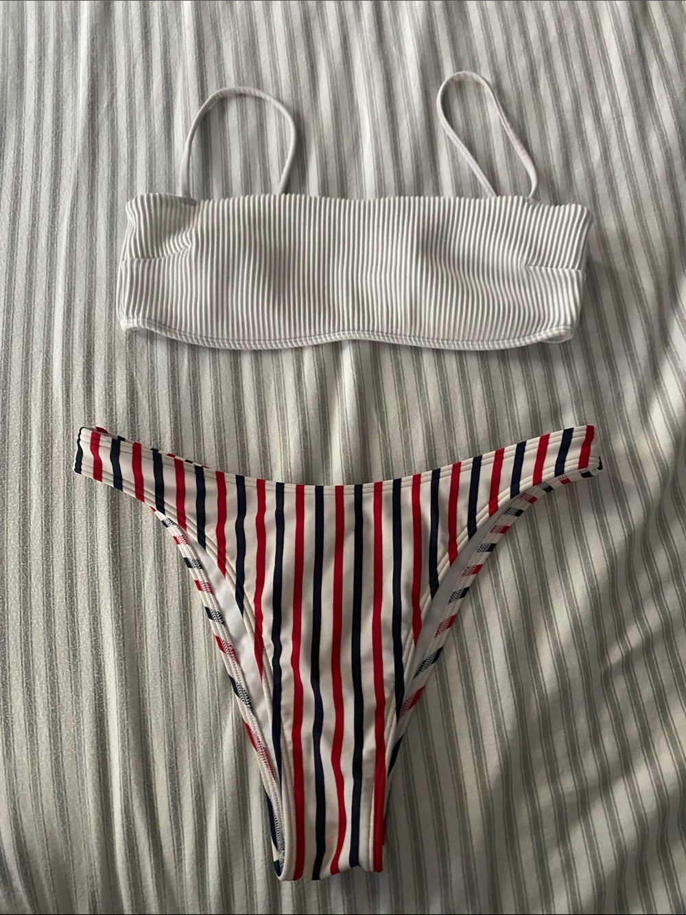 Hollister White Ribbed Bandeau Top with Red & Blue Striped Bikini Bottom